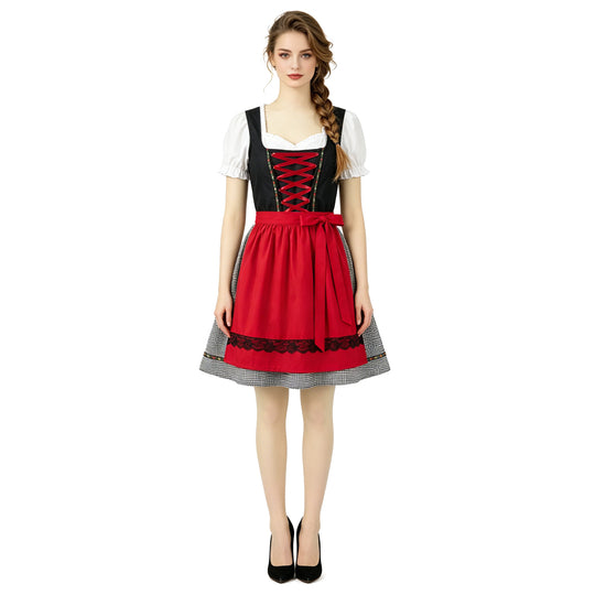 Damen nan kurzes traditionelles Dirndlkleid mit geschnürtem Mieder, Puffärmel-Bluse und aufgesetzter Schürze EB
