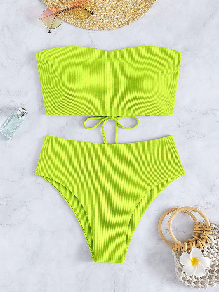 Damen Bandeau-Bikini-Set mit hohem Beinausschnitt und Bindedetails EB