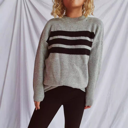 Damen lässiger Strickpullover mit modischen Streifen EB