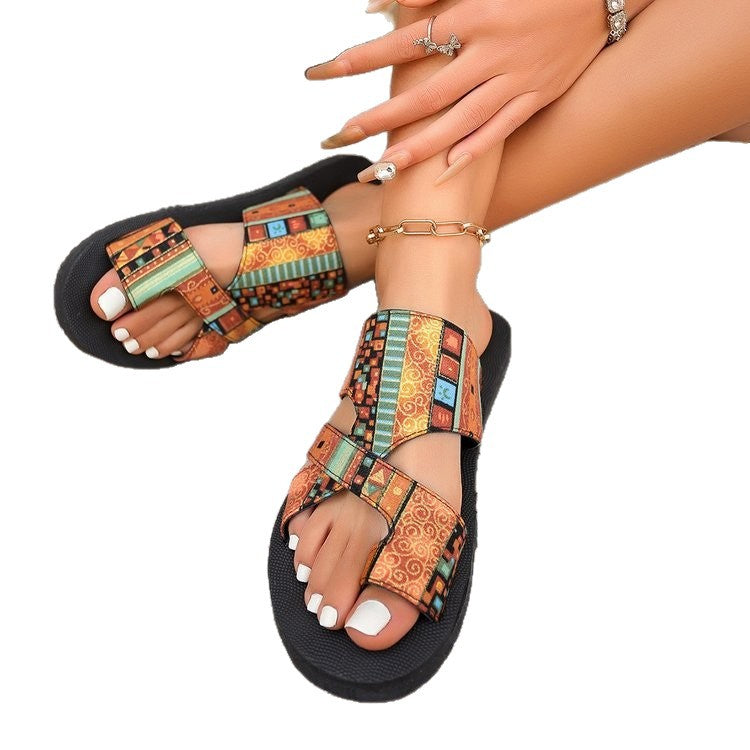 Damen Komfortable und stylische Zehentrenner-Sandalen mit buntem Muster EB