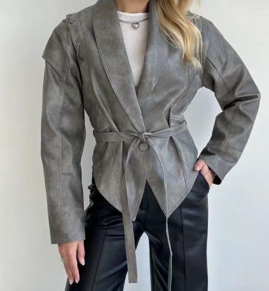 Damen modische Wildlederjacke mit tailliertem Schnitt und Bindegürtel EB