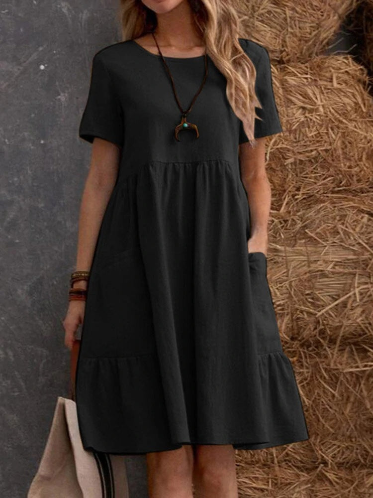 Damen lässiges Midikleid mit elastischem Bund und Rüschensaum EB