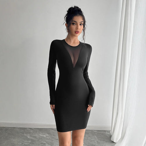 Damen Longsleeve Kleid mit tiefem V-Ausschnitt und transparentem Einsatz EB