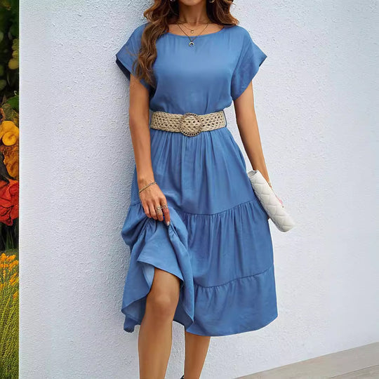 Damen Midikleid mit voluminösem Rock und eleganten Rüschendetails EB