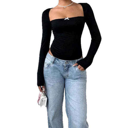 Damen Figurbetontes Langarm-Body mit elegantem Ausschnitt EB