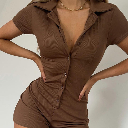 Damen figurbetonter Playsuit mit Knöpfen und kurzer Beinlänge EB