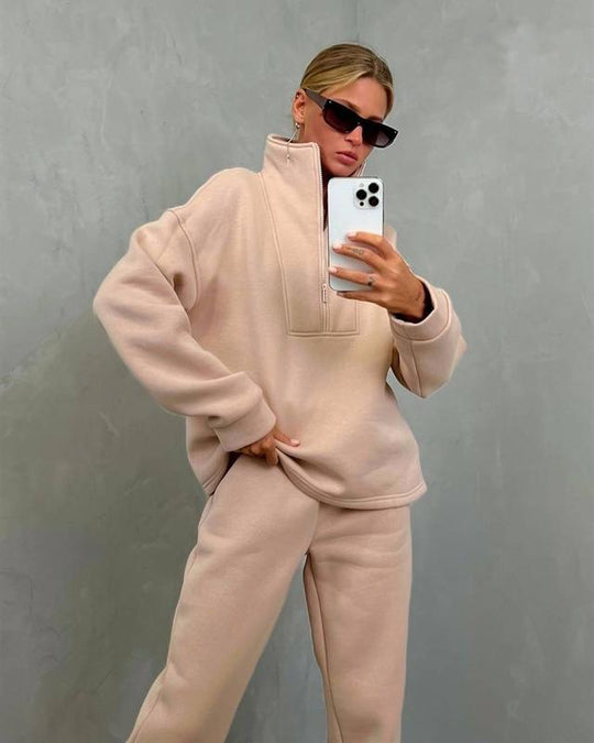 Damen nan weiches Oversize-Halbzip-Loungewear-Set mit hohem Stehkragen und taillierter Jogginghose EB