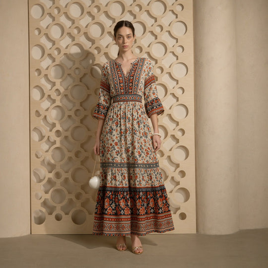 Damen langes Boho-Maxi-Kleid mit V-Ausschnitt geraffter Taille und mehrlagigem Stufenrock Eichborn Berlin