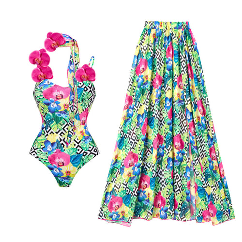 Damen Blumenmuster Badeanzug und Rock Set EB