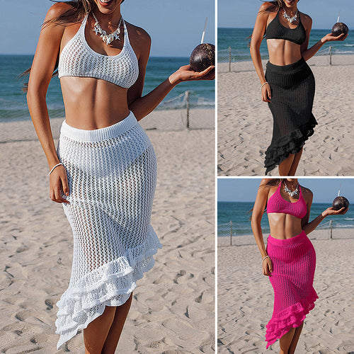 Damen Häkel-Bikiniset mit asymmetrischem Rock und Fransen EB