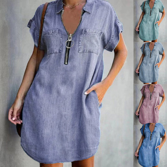 Damen Chambray Kleid mit Reißverschluss und praktischen Taschen EB