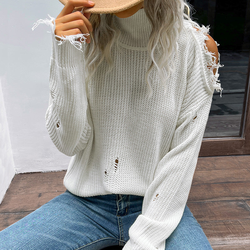 Damen lässiger Strickpullover mit lässigem Lochdesign und weiten Ärmeln EB