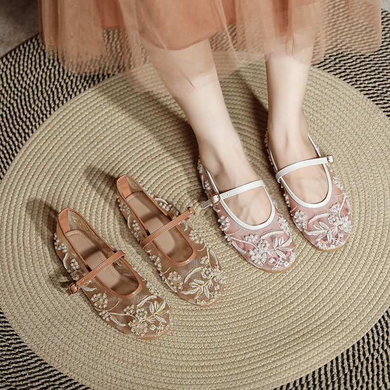 Damen Ballerinas mit floralem Stickereibesatz EB
