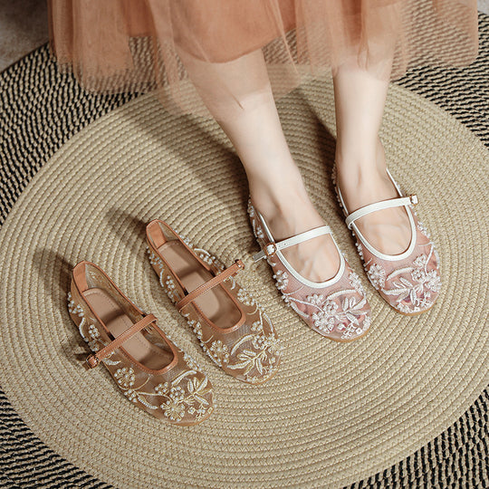 Damen Ballerinas mit floralem Stickereibesatz EB