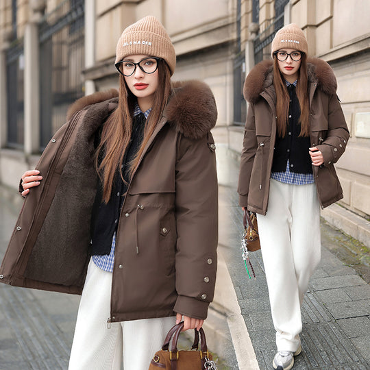 Damen Modischer Pufferparka mit luxuriösem Kunstfellkragen und praktischen Taschen EB