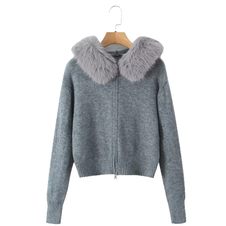 Damen Strickjacke mit luxuriösem Kunstfellkragen und Reißverschluss EB