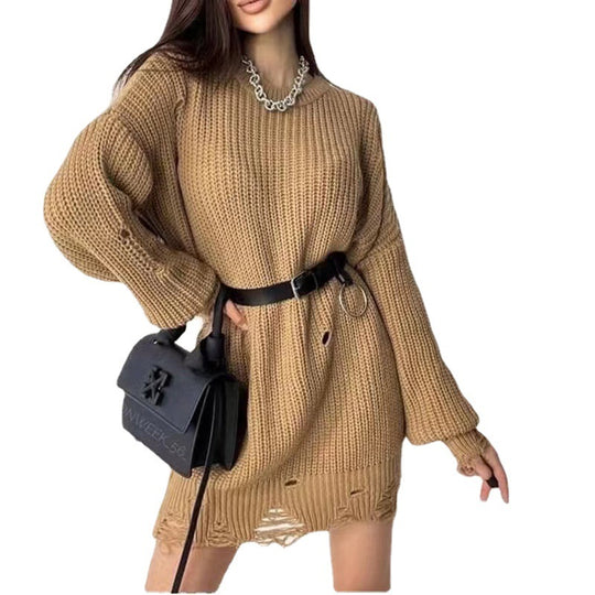 Damen Oversize Grobstrick-Minikleid mit Destroy-Effekt und Rundhalsausschnitt EB