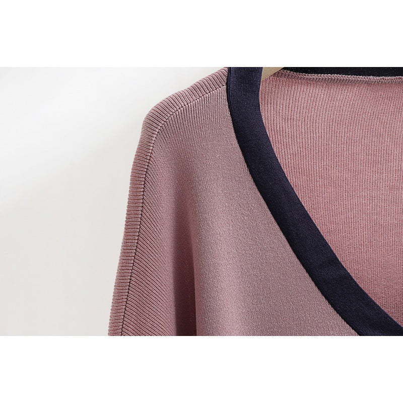 Damen elegantes Strick-Kombinationsset mit tiefem V-Ausschnitt und Kontrastdetails EB