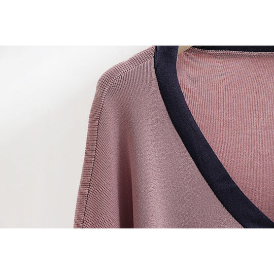 Damen elegantes Strick-Kombinationsset mit tiefem V-Ausschnitt und Kontrastdetails EB