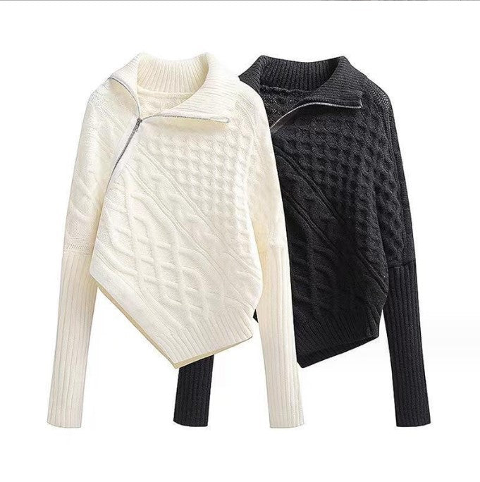 Damen hochwertiger Strickpullover mit hohem Kragen und asymmetrischem Design EB
