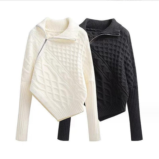 Damen hochwertiger Strickpullover mit hohem Kragen und asymmetrischem Design EB