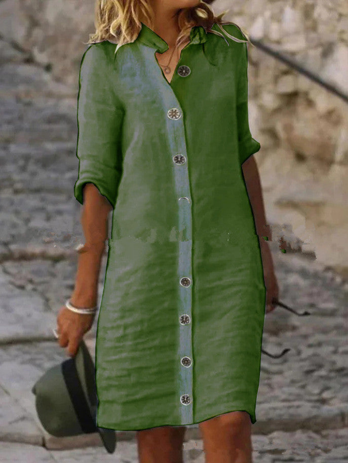 Damen Leinenhemdkleid mit Knopfleiste und umschlagbaren Ärmeln EB