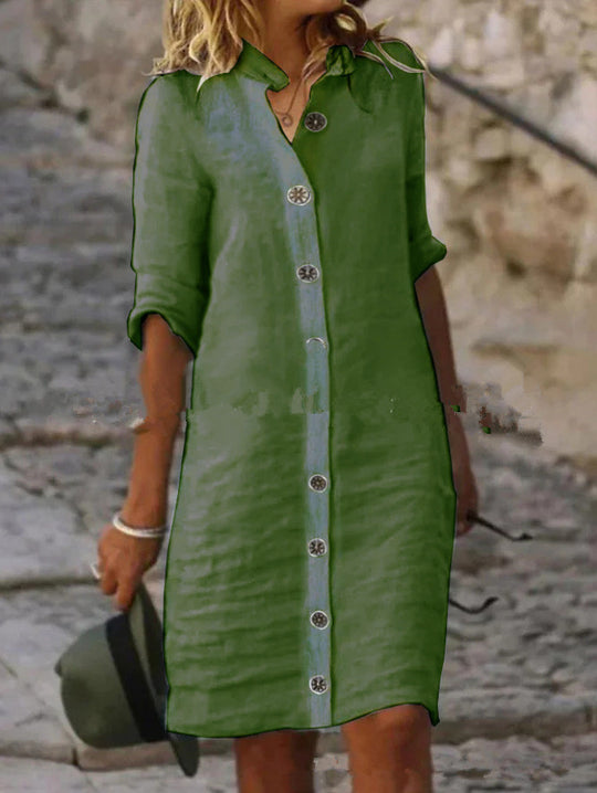 Damen Leinenhemdkleid mit Knopfleiste und umschlagbaren Ärmeln EB