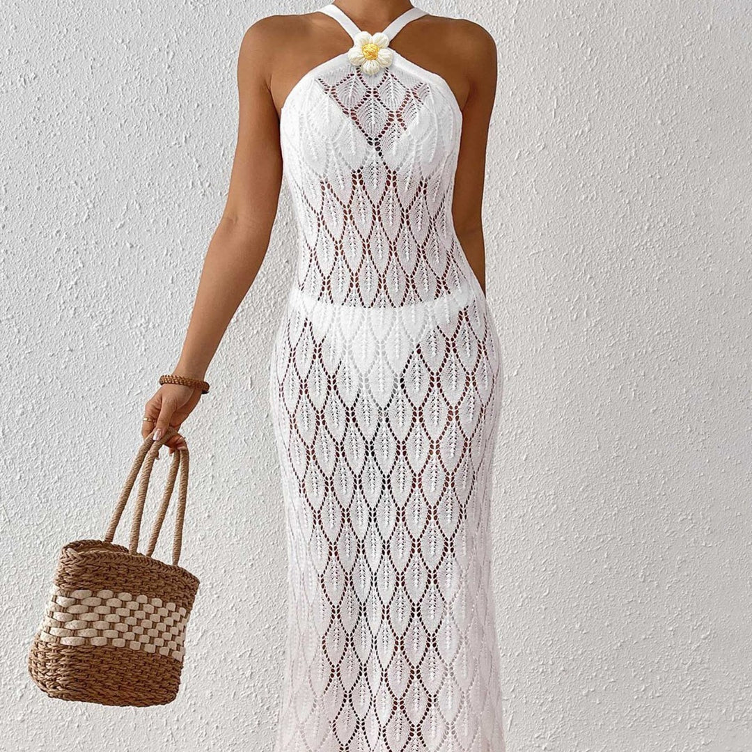 Damen Häkel-Maxikleid mit einem eleganten Blumendetail EB