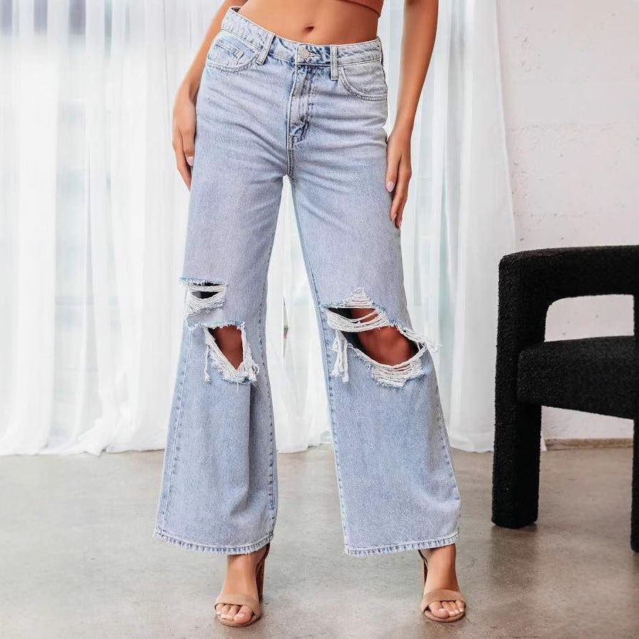 Damen Weit geschnittene Jeans mit modischen Rissen und lässigem Schnitt EB