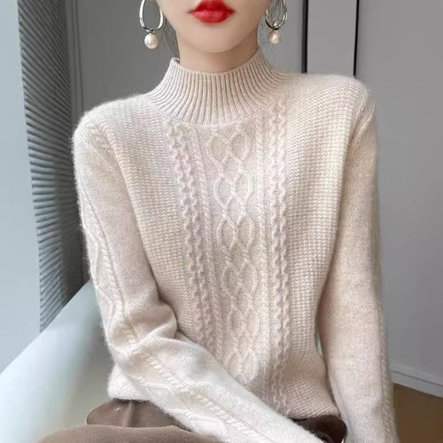 Damen Strickpullover mit elegantem Zopfmuster und hoch geschlossenem Kragen EB