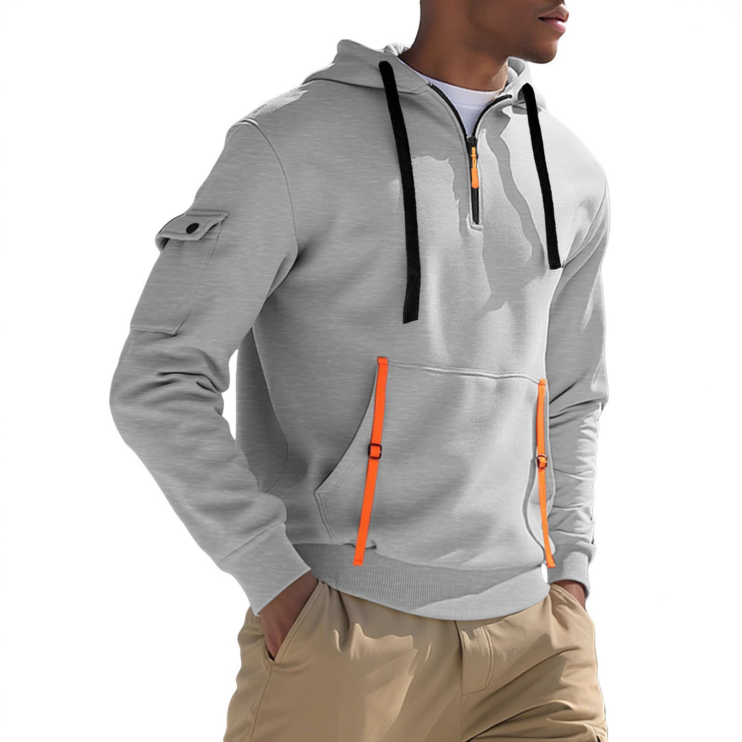 Herren nan urbaner Tech-Kapuzen-Halbzippullover mit Utility-Ärmeltasche, Kängurutasche und verstellbaren Zipper-Bändern EB