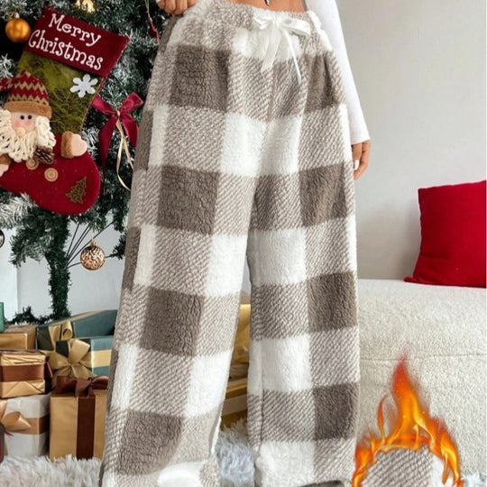 Damen nan kuschelige karierte Fleece-Hose mit Tunnelzugbund und weitem Bein EB