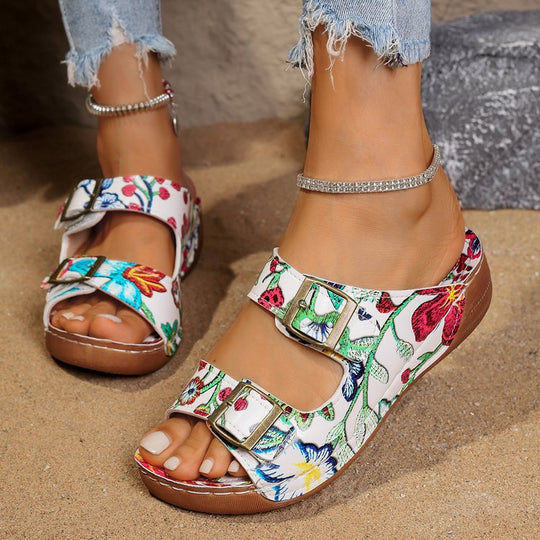 Damen komfortable Sandalen mit floralem Print und verstellbaren Riemen EB