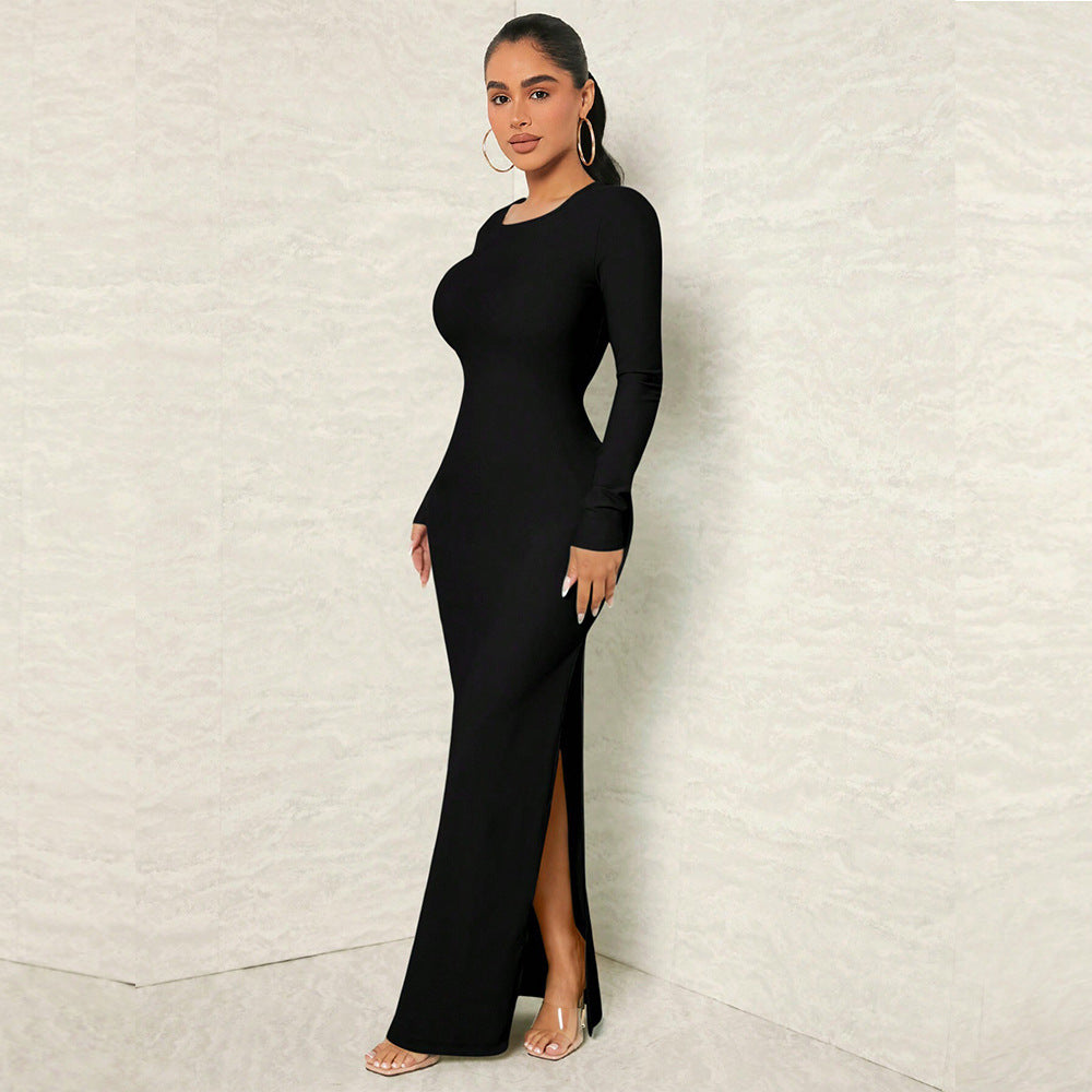 Damen figurnahes Maxikleid mit Rundhalsausschnitt, langem Arm und sculptender Taillenform Eichborn Berlin
