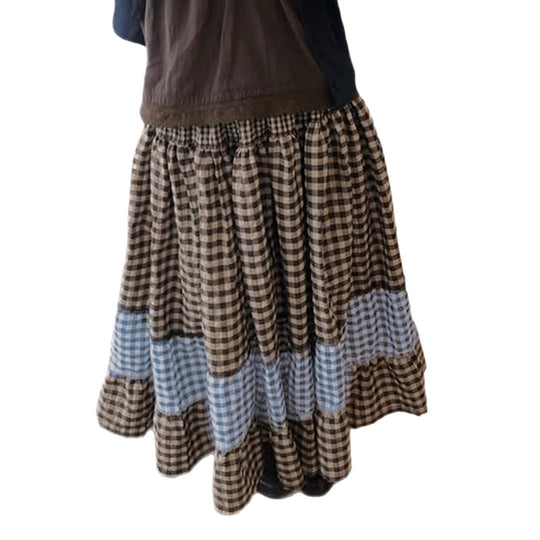 Damen nan mehrlagiger Baumwoll-Stufenrock mit elastischem Taillenbund, kontrastierendem Gingham-Band und Volant EB
