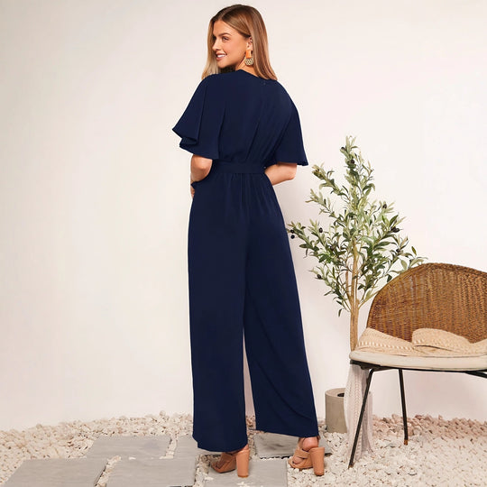 Damen eleganter Jumpsuit mit tiefem V-Ausschnitt und Poncho-Ärmeln EB
