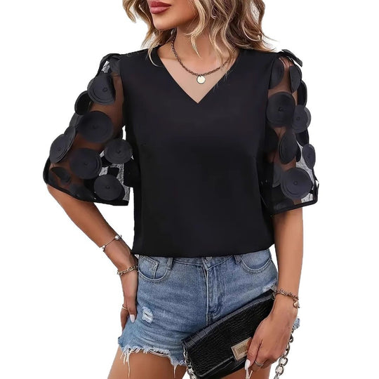 Damen V-Ausschnitt Bluse mit transparenten Puffärmeln EB