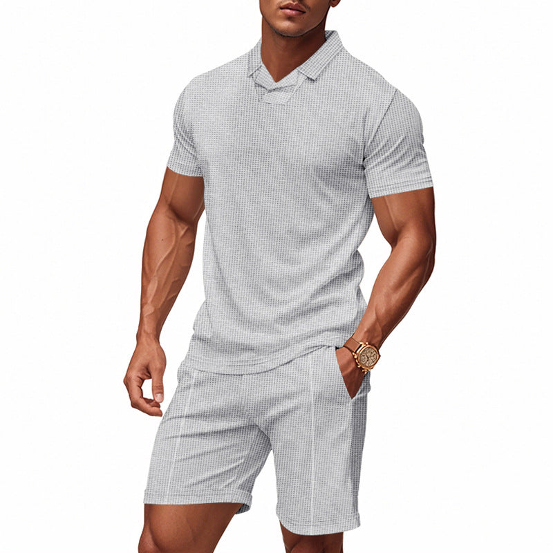 Herren nan lässiges Waffelstruktur-Freizeitset mit Reverskragen-Kurzarmshirt und elastischen Freizeitshorts EB