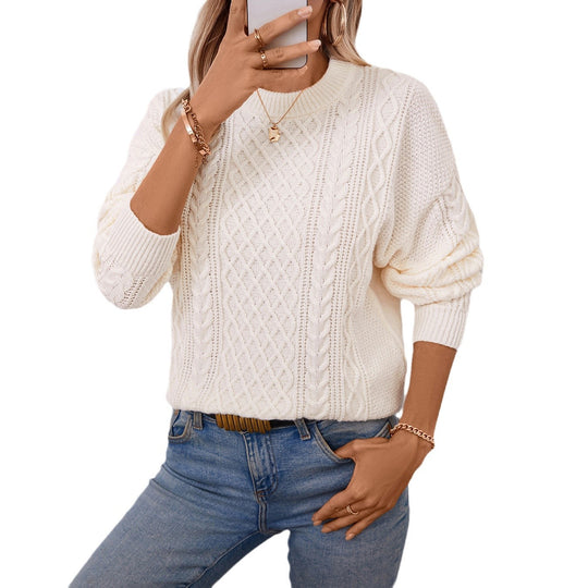 Damen Grobstrickpullover mit raffiniertem Zopfmuster und Rundhalsausschnitt EB