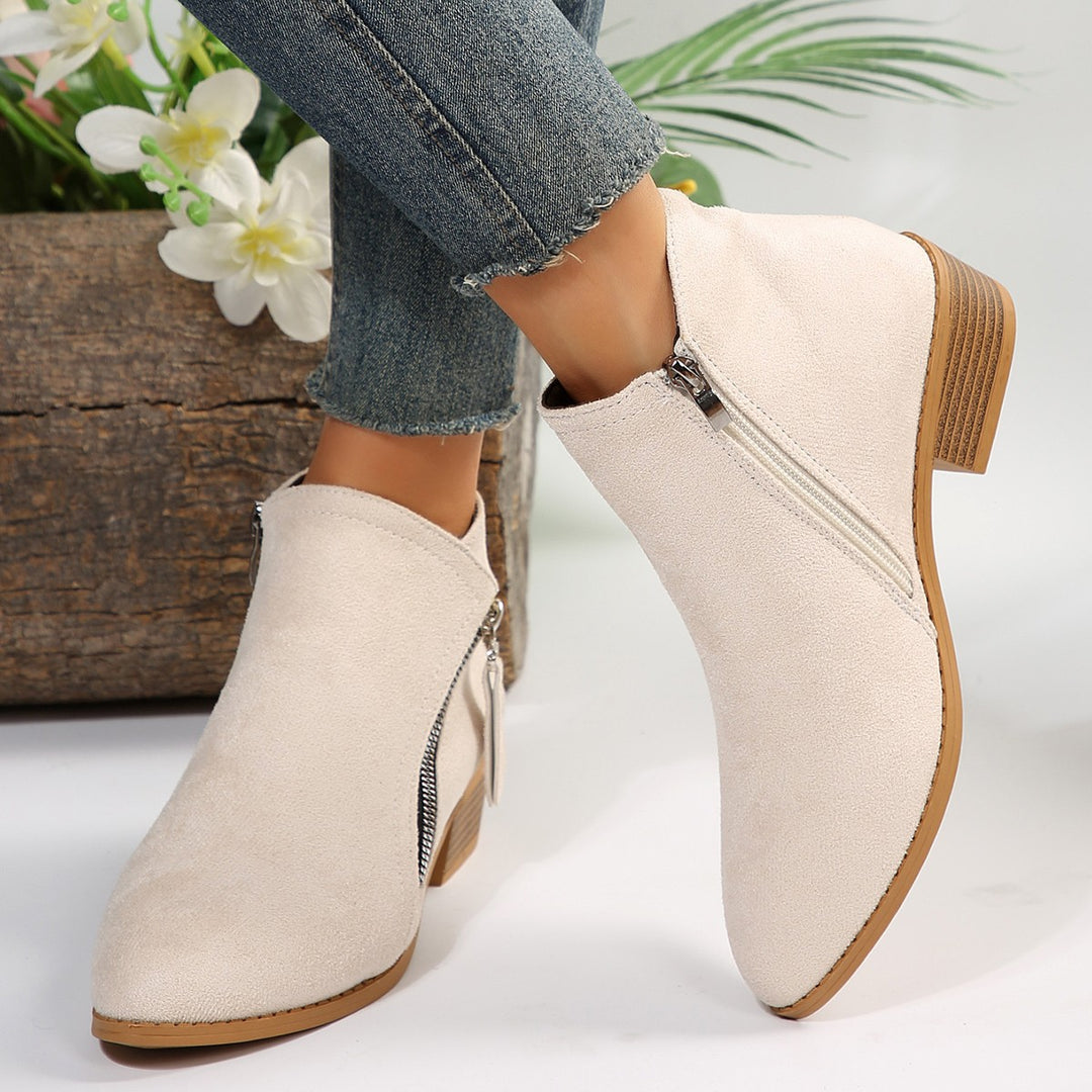 Damen nan klassische knöchelhohe Microvelours-Stiefelette mit seitlichem Reißverschluss und niedrigem Blockabsatz EB