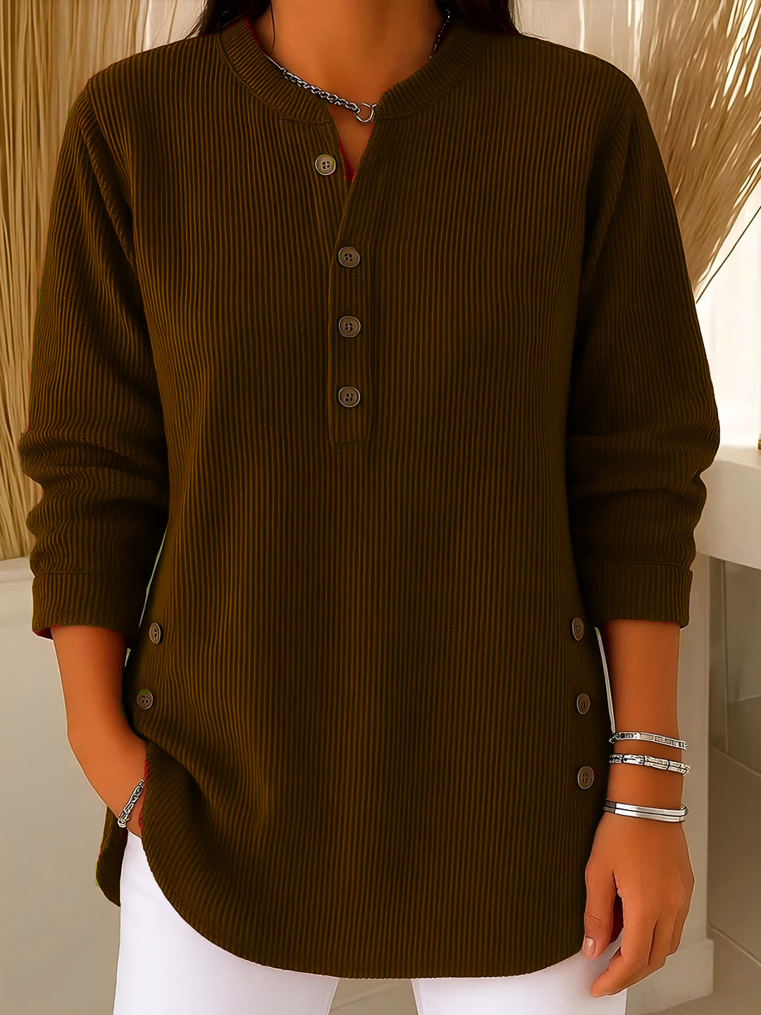 Damen nan plissee Tunika-Bluse mit Stehkragen, Knopfleiste und seitlichen Zierknöpfen EB