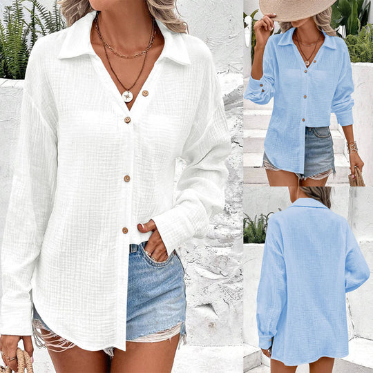 Damen Knopfleisten-Blusenshirt mit modischer Taillenbindung und Langarm EB