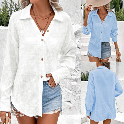 Damen Knopfleisten-Blusenshirt mit modischer Taillenbindung und Langarm EB
