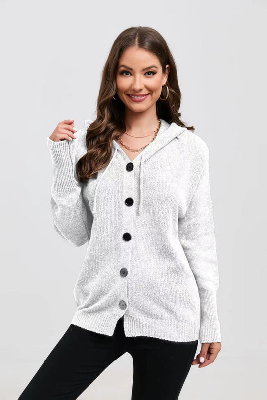 Damen lässige Strickjacke mit Kapuze und Knopfverschluss EB