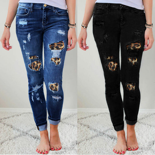 Damen Slim-Fit Jeans mit Leoparden-Detail und Distressed-Optik EB