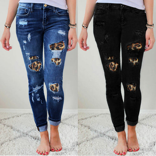 Damen Slim-Fit Jeans mit Leoparden-Detail und Distressed-Optik EB