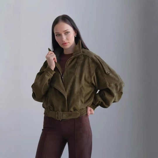 Damen Stilvolle Kurzjacke mit Gürtel und asymmetrischem Schnitt EB