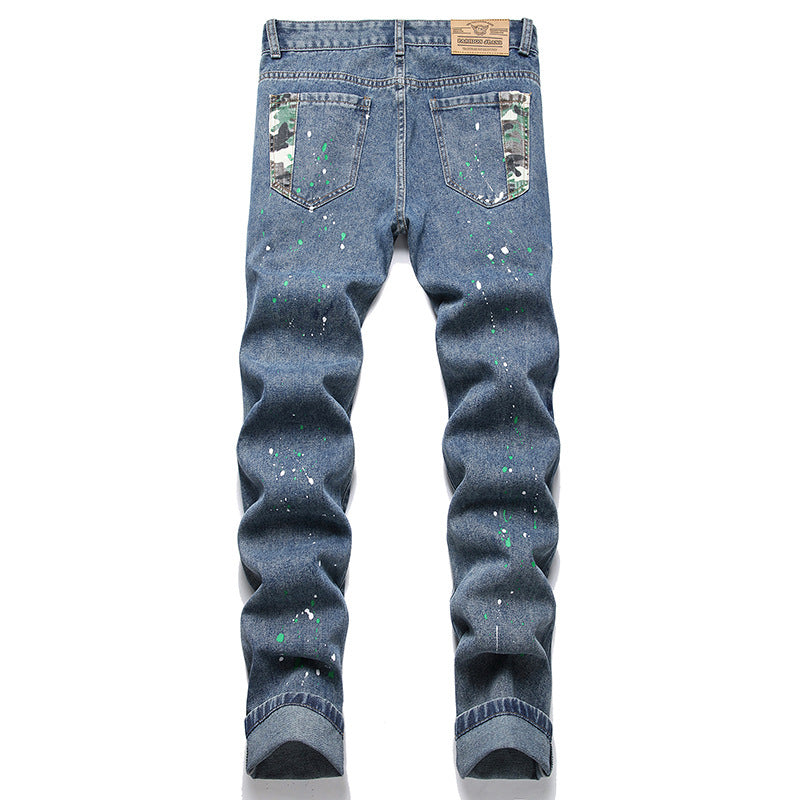 Herren Ripped Denim-Jeans mit kreativen Farbklecksen und lässigem Schnitt EB