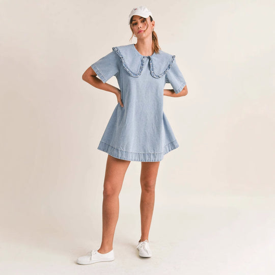 Damen Denim Kleid mit verspieltem Rüschenkragen EB