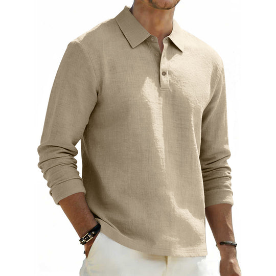 Herren nan Langarm-Poloshirt aus Leinen mit Henley-Knopfleiste und Kentkragen EB